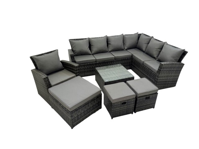Rackhams Rattan Garden Outdoor Furniture Set 10 Seater Garden Sofa Coffee Table Set with Chair 3 Footstools Dark Grey Mixed - image 1
