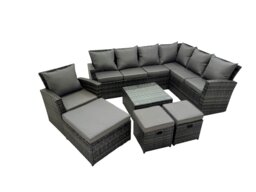 Rackhams Rattan Garden Outdoor Furniture Set 10 Seater Garden Sofa Coffee Table Set with Chair 3 Footstools Dark Grey Mixed - thumbnail 1