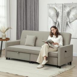 Rackhams Reversible L-Shaped Sectional Sofa Bed with Cushions - Beige - Velvet (100% Polyester) - 2 Seater