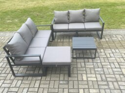 Rackhams Aluminium 4 Pieces Garden Furniture Sofa Set with Cushions 7 Seater Outdoor Patio Set with Square Coffee Table Big Footstool Dark Grey - thumbnail 2