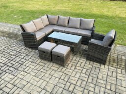 Rackhams 9 Seat Rattan Garden Furniture Corner Sofa Set Outdoor Patio Sofa Chair Table Set with 2 Small Footstools Dark Grey Mixed - thumbnail 2