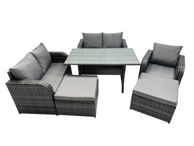 Rackhams Wicker PE Rattan Garden Outdoor Furniture Set Love Sofa Dining Table Sets with 2 Big Stools Dark Grey Mixed - image 1