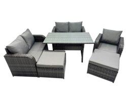 Rackhams Wicker PE Rattan Garden Outdoor Furniture Set Love Sofa Dining Table Sets with 2 Big Stools Dark Grey Mixed - thumbnail 1