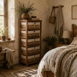 Rackhams Yorila Wood Natural Finish 5 Drawer Dresser With Wicker Baskets