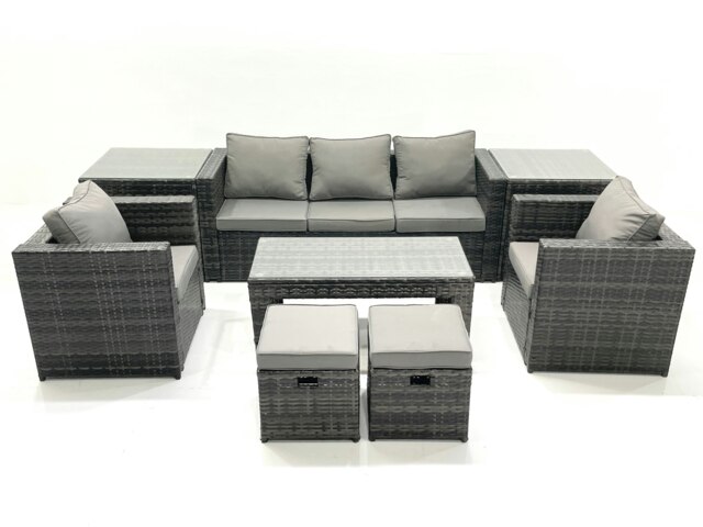Rackhams Rattan Garden Furniture Set Outdoor Lounger Sofa with Coffee Table 2 Armchair 2 Small Footstools 2 Side Tables Dark Grey Mixed - image 1
