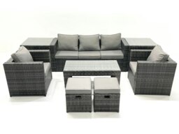 Rackhams Rattan Garden Furniture Set Outdoor Lounger Sofa with Coffee Table 2 Armchair 2 Small Footstools 2 Side Tables Dark Grey Mixed - thumbnail 1