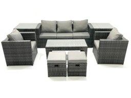 Rackhams Rattan Garden Furniture Set Outdoor Lounger Sofa with Coffee Table 2 Armchair 2 Small Footstools 2 Side Tables Dark Grey Mixed - thumbnail 2