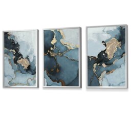 Rackhams Set of 3 Abstract Teal Blue and Gold Framed Wall Art Prints - 30x42cm (A3) - White - thumbnail 6
