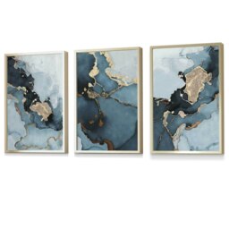 Rackhams Set of 3 Abstract Teal Blue and Gold Framed Wall Art Prints - 30x42cm (A3) - White - thumbnail 5