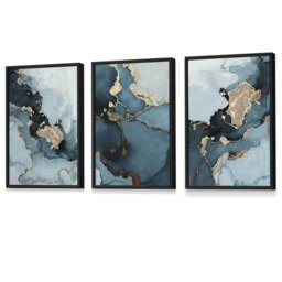 Rackhams Set of 3 Abstract Teal Blue and Gold Framed Wall Art Prints - 30x42cm (A3) - White - thumbnail 4