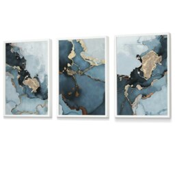 Rackhams Set of 3 Abstract Teal Blue and Gold Framed Wall Art Prints - 30x42cm (A3) - White