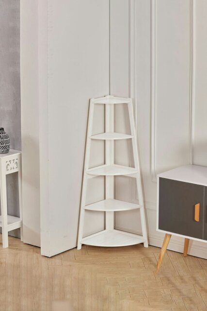 Rackhams 5 Tier Wooden Ladder Corner Bookcase Trapezoidal Fan-Shaped Book Shelf Storage Shelf - White