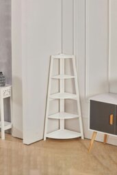 Rackhams 5 Tier Wooden Ladder Corner Bookcase Trapezoidal Fan-Shaped Book Shelf Storage Shelf - White - thumbnail 1