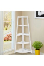 Rackhams 5 Tier Wooden Ladder Corner Bookcase Trapezoidal Fan-Shaped Book Shelf Storage Shelf - White - thumbnail 2