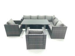 Rackhams Outdoor Lounge Rattan Corner Sofa Set Garden Furniture Rectangular Dining Table Chair Dark Grey - thumbnail 1