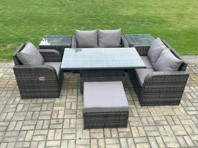 Rackhams 6 Seater Rattan Furniture Garden Dining Set Outdoor Height Adjustable Rising lifting Table Love Sofa Chair With 2 Side Tables Big Footstool - image 1