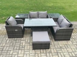 Rackhams 6 Seater Rattan Furniture Garden Dining Set Outdoor Height Adjustable Rising lifting Table Love Sofa Chair With 2 Side Tables Big Footstool - thumbnail 1