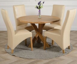 Rackhams Oregon Round Oak Dining Table with Lola Leather Chairs - 1 - 4 chairs - Ivory - thumbnail 3