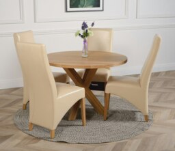 Rackhams Oregon Round Oak Dining Table with Lola Leather Chairs - 1 - 4 chairs - Ivory - thumbnail 1