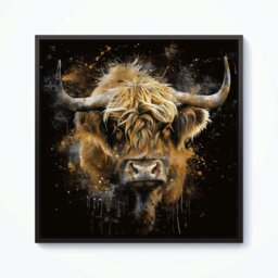 "Rackhams Bronze Splash Art Highland Cow Framed Canvas - 30"" x 30"" - White" - thumbnail 5