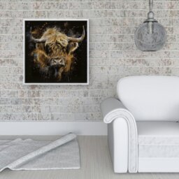 "Rackhams Bronze Splash Art Highland Cow Framed Canvas - 30"" x 30"" - White" - thumbnail 2