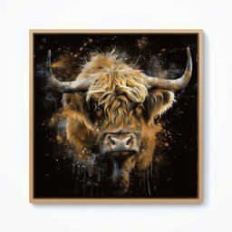 "Rackhams Bronze Splash Art Highland Cow Framed Canvas - 30"" x 30"" - White" - thumbnail 3