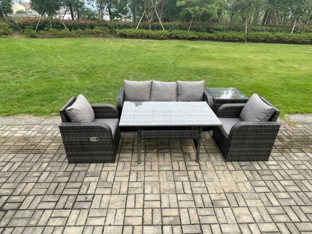 Rackhams Wicker PE Rattan Garden Furniture Set Outdoor Rectangular Dining Table and Chair Sofa Set With Side Table Dark Grey Mixed - image 1