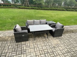 Rackhams Wicker PE Rattan Garden Furniture Set Outdoor Rectangular Dining Table and Chair Sofa Set With Side Table Dark Grey Mixed - thumbnail 2