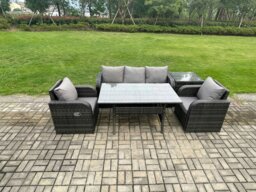 Rackhams Wicker PE Rattan Garden Furniture Set Outdoor Rectangular Dining Table and Chair Sofa Set With Side Table Dark Grey Mixed - thumbnail 1