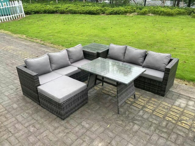 Rackhams 7 Seater Rattan Garden Dining Set Outdoor Furniture Sofa with Dining Table Big Footstool Side Table Dark Grey Mixed - image 1