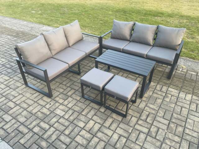 Rackhams Aluminium Patio Outdoor Garden Furniture Lounge Sofa Set with Oblong Coffee Table 2 Small Footstools Dark Grey - image 1
