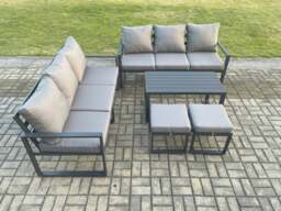 Rackhams Aluminium Patio Outdoor Garden Furniture Lounge Sofa Set with Oblong Coffee Table 2 Small Footstools Dark Grey - thumbnail 2
