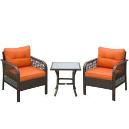 Rackhams 3 Pieces Rattan Bistro Set with Glass Top Coffee Table, Chairs and Cushions for Outdoor, Patio, Balcony, Orange - thumbnail 2
