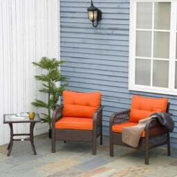 Rackhams 3 Pieces Rattan Bistro Set with Glass Top Coffee Table, Chairs and Cushions for Outdoor, Patio, Balcony, Orange