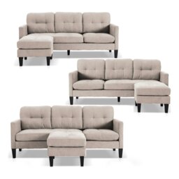 Rackhams Luna Linen Fabric 3 Seater Convertible Sectional Sofa in Beige - Beige - thumbnail 1