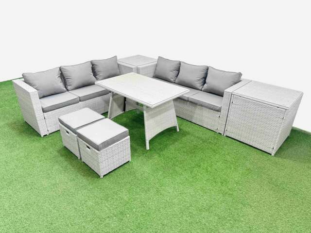 Rackhams Rattan Garden Furniture Dining Set 8 seater Patio Rectangular Table 3 Seater Sofa Set with 2 Side Tables 2 Small Stools Light Grey - image 1