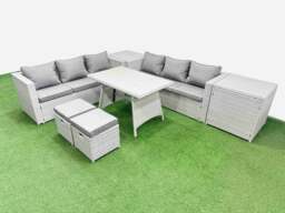 Rackhams Rattan Garden Furniture Dining Set 8 seater Patio Rectangular Table 3 Seater Sofa Set with 2 Side Tables 2 Small Stools Light Grey - thumbnail 1