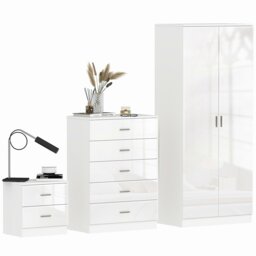 Rackhams High Gloss 3 Trio Wardrobe Set Drawers Bedroom Furniture Chest Bedside - White - thumbnail 2