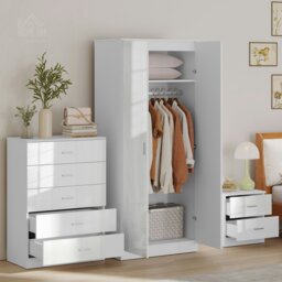 Rackhams High Gloss 3 Trio Wardrobe Set Drawers Bedroom Furniture Chest Bedside - White - thumbnail 1