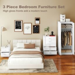 Rackhams High Gloss 3 Trio Wardrobe Set Drawers Bedroom Furniture Chest Bedside - White - thumbnail 5