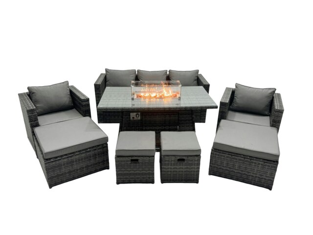 Rackhams Rattan Garden Furniture Fire Pit Dining Set 9 Seater Lounge Sofa Table Set with 2 big Footstool - image 1