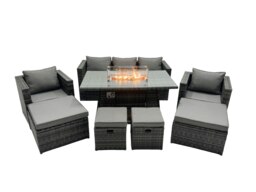Rackhams Rattan Garden Furniture Fire Pit Dining Set 9 Seater Lounge Sofa Table Set with 2 big Footstool - thumbnail 1
