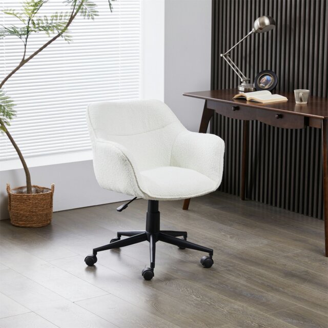 Rackhams Office Chair, Boucle Fabric Padded Armchair, Mid-back Swivel Vanity Chair - Max Load 150kgs - White - White - image 1