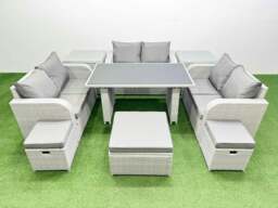 Rackhams 9 Seater Patio Garden Furniture Sets with Black Glass Top Dining Table Love Sofa 2 Side Tables 3 Stool Light Grey