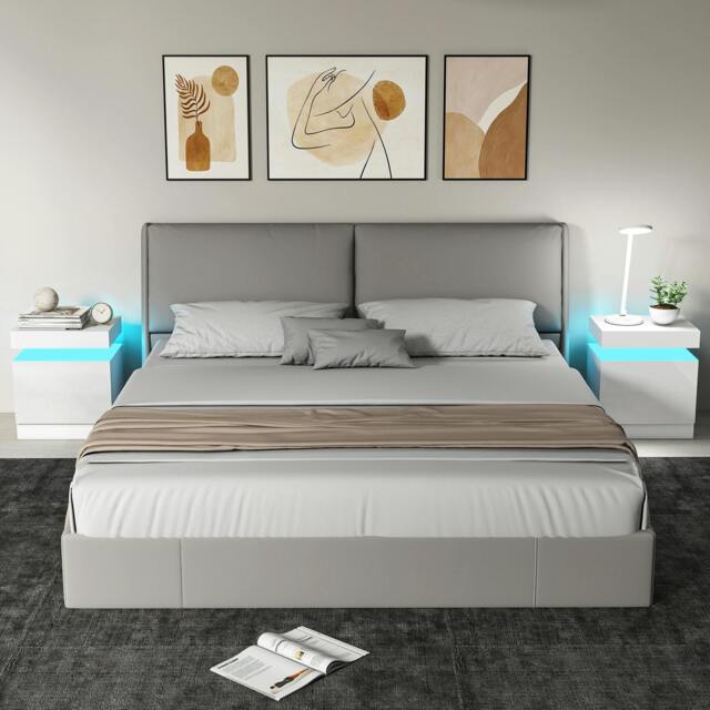 Rackhams High Gloss Bedside Table with LED Light & 2 Drawers, Set of 2, White - image 1