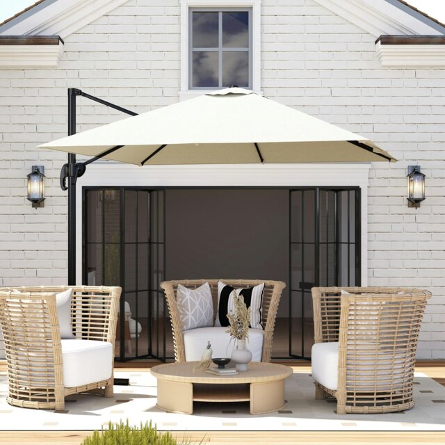 Rackhams 2.5 x 2.5m Patio Offset Parasol Umbrella Cantilever Aluminium Sun Shade Canopy Shelter 360° Rotation with Crank Handle & Cross Base - Green - Cream - 245L x 245W x 245Hcm - image 1