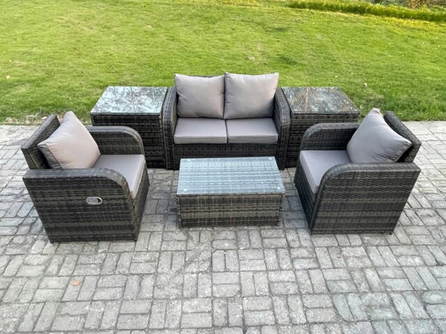 Rackhams 6 PC Outdoor PE Rattan Garden Furniture Set Wicker Love Sofa Coffee Table 2 Armchair 2 Side Tables Dark Grey Mixed - image 1
