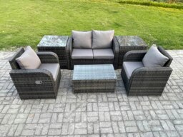 Rackhams 6 PC Outdoor PE Rattan Garden Furniture Set Wicker Love Sofa Coffee Table 2 Armchair 2 Side Tables Dark Grey Mixed - thumbnail 1