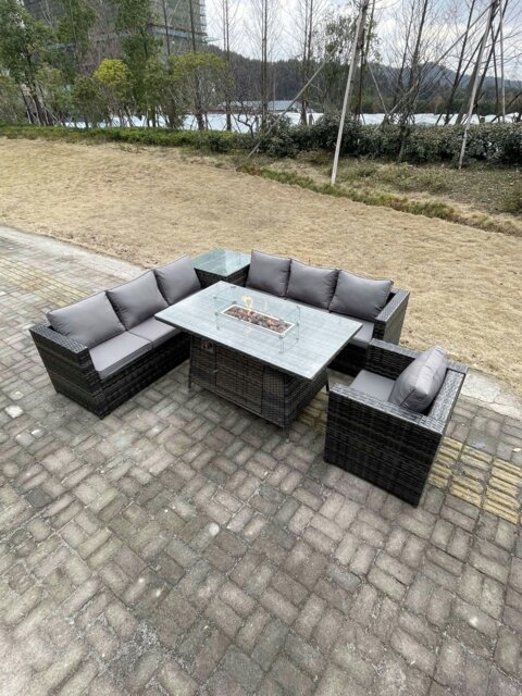 Rackhams 7 Seater PE Rattan Corner Sofa Set garden Furniture Gas Fire Pit Dining Table Set High Side Coffee Table With Arm Chair - image 1
