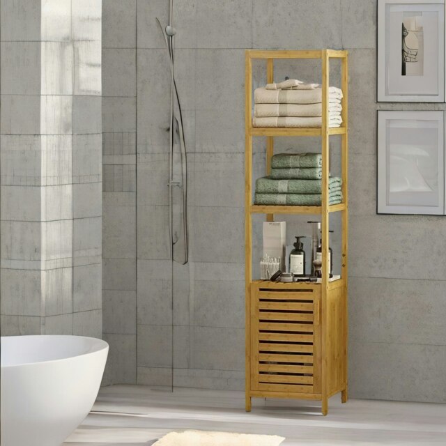 Rackhams Tall Bathroom Storage Cupboard With 3 Shelves Natural Brown - image 1